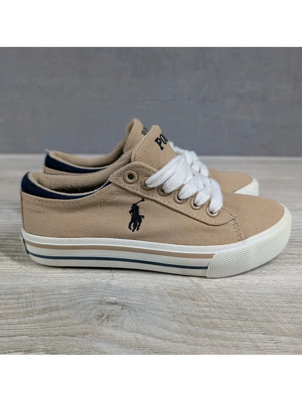 Polo Ralph Lauren Toddler 12 Tan Canvas Lace Up Sneakers Casual Shoes Kids Beige